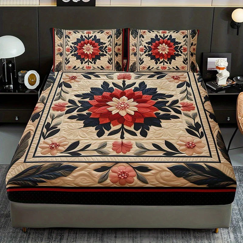 A floral print fitted sheet set with pillowcases featuring red, pink, and green patterns on a bed.