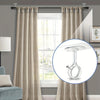 Two beige curtain hooks are shown hanging on a window, with an inset detail of the adhesive hook design.