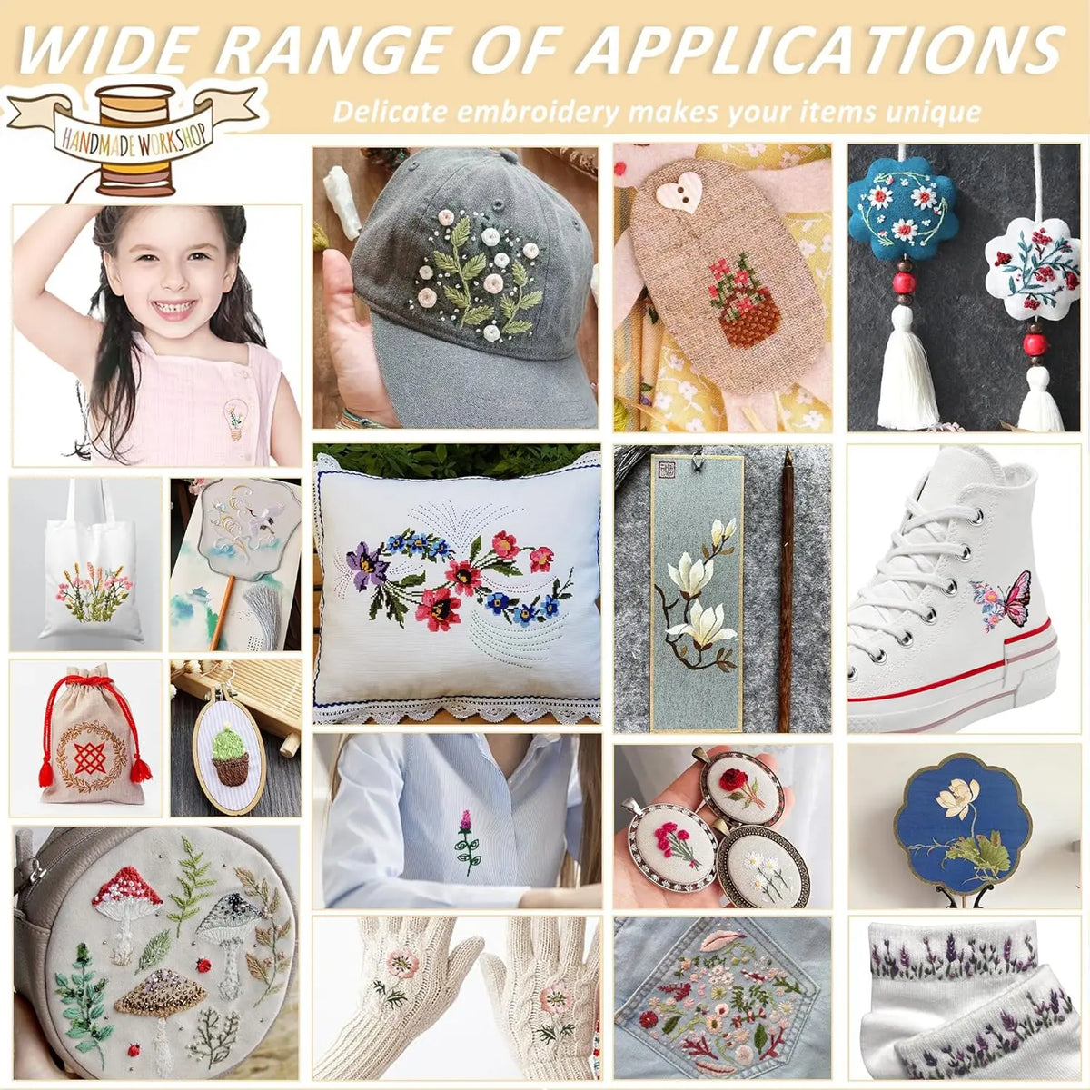 A collection of items featuring delicate embroidery and decorative stitching on various fabrics and accessories.