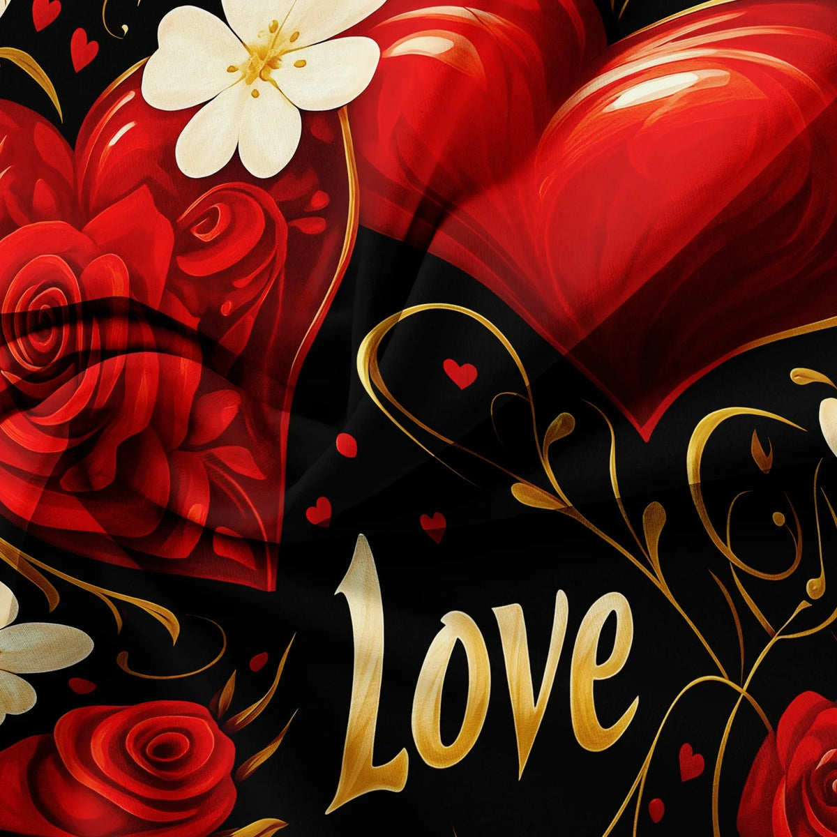 A vibrant red floral heart print design featuring roses and leaves on a black background.