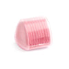 A pink, translucent plastic eraser tool with ridges used for fabric chalk markers.
