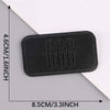 A rectangular black embroidered leather patch with a self-adhesive backing is shown against a white background.