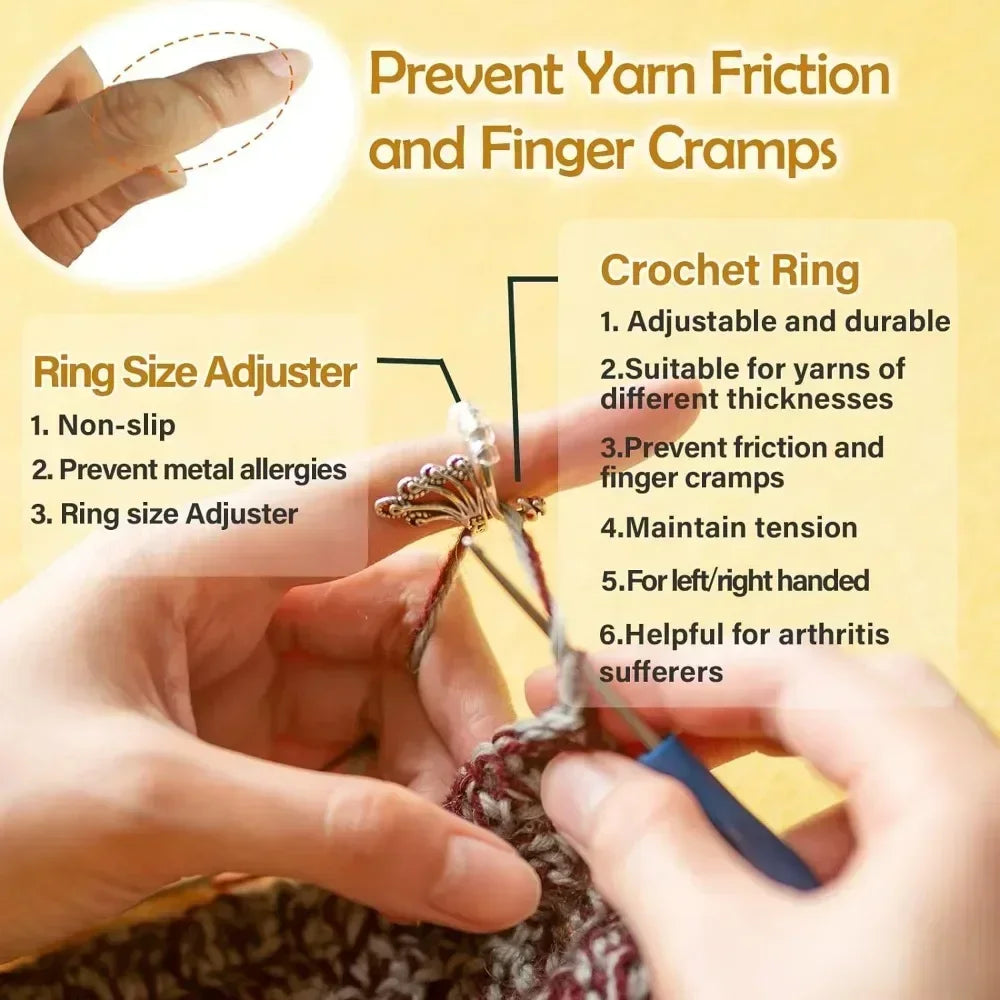 Hands demonstrate an adjustable crochet ring used to prevent yarn friction and finger cramps.