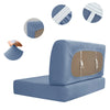 Blue stretch seat covers for an RV dinette seat shown with close-ups of the fabric and installation