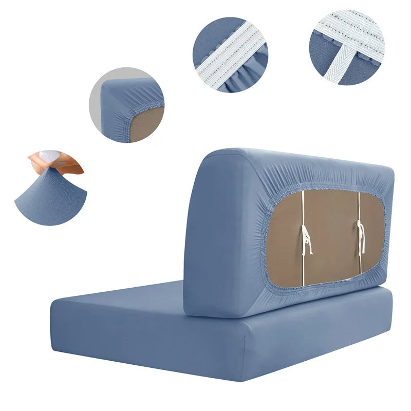Blue stretch seat covers for an RV dinette seat shown with close-ups of the fabric and installation