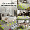 A botanical non-slip washable area rug featuring a gray and lime green striped pattern used in various indoor scenarios.