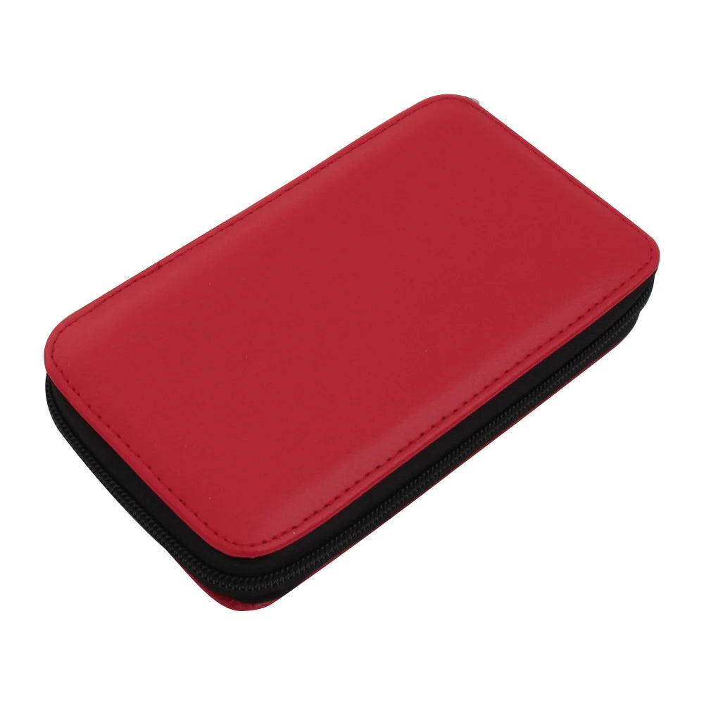 A red leather pouch containing a 9-in-1 rechargeable LED crochet hook set.