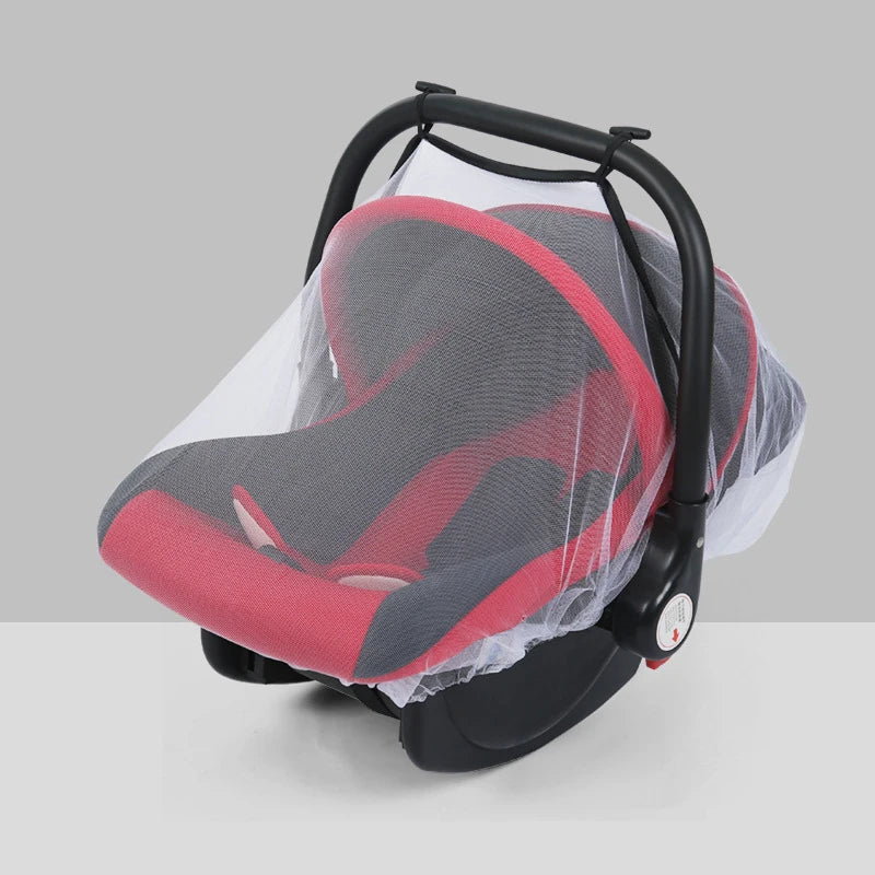 A universal mosquito net designed for baby strollers and car seats, featuring a gray mesh with red accents.