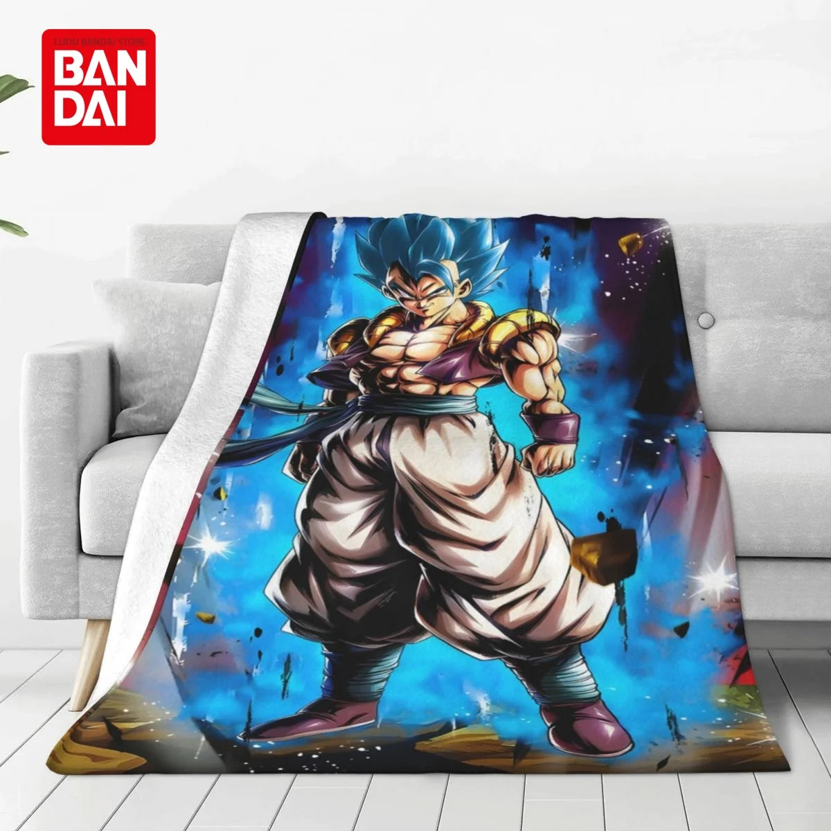 Anime character Flannel throw blanket featuring a blue-haired martial arts character in a dynamic pose.
