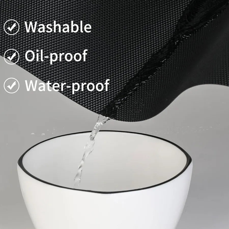 Black reusable drawer liner material being poured into a white bowl, highlighting its washable, oil-proof, and water-proof pr
