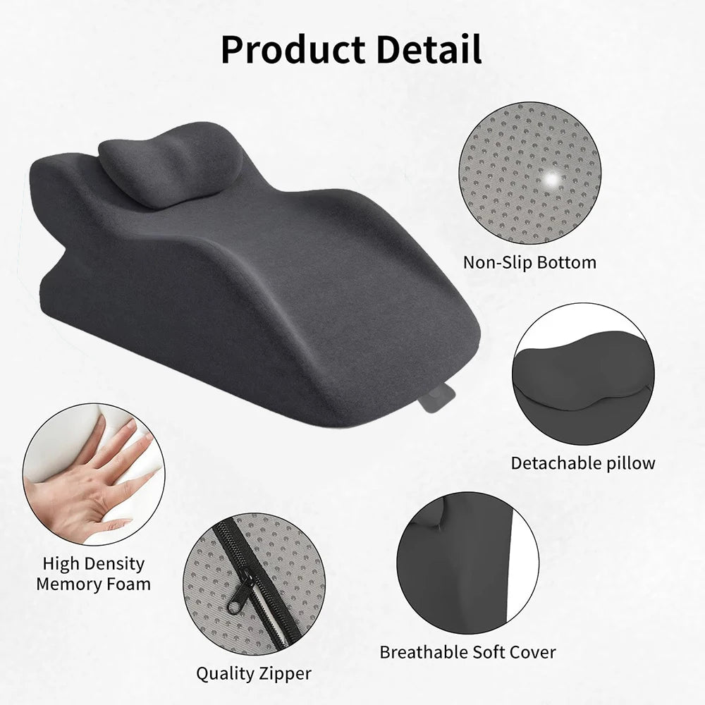 A dark gray memory foam wedge pillow with a detachable pillow and breathable soft cover shown from the side.