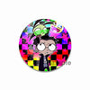 An enamel pin featuring a stylized anime character with green skin and large eyes against a colorful background.