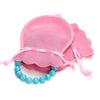 Pink velvet drawstring gift bag with a gourd shape and light blue beaded necklace