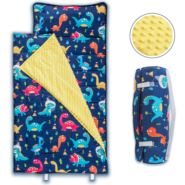 Toddler nap mat with removable pillow and fleece blanket featuring a blue pattern for infant use