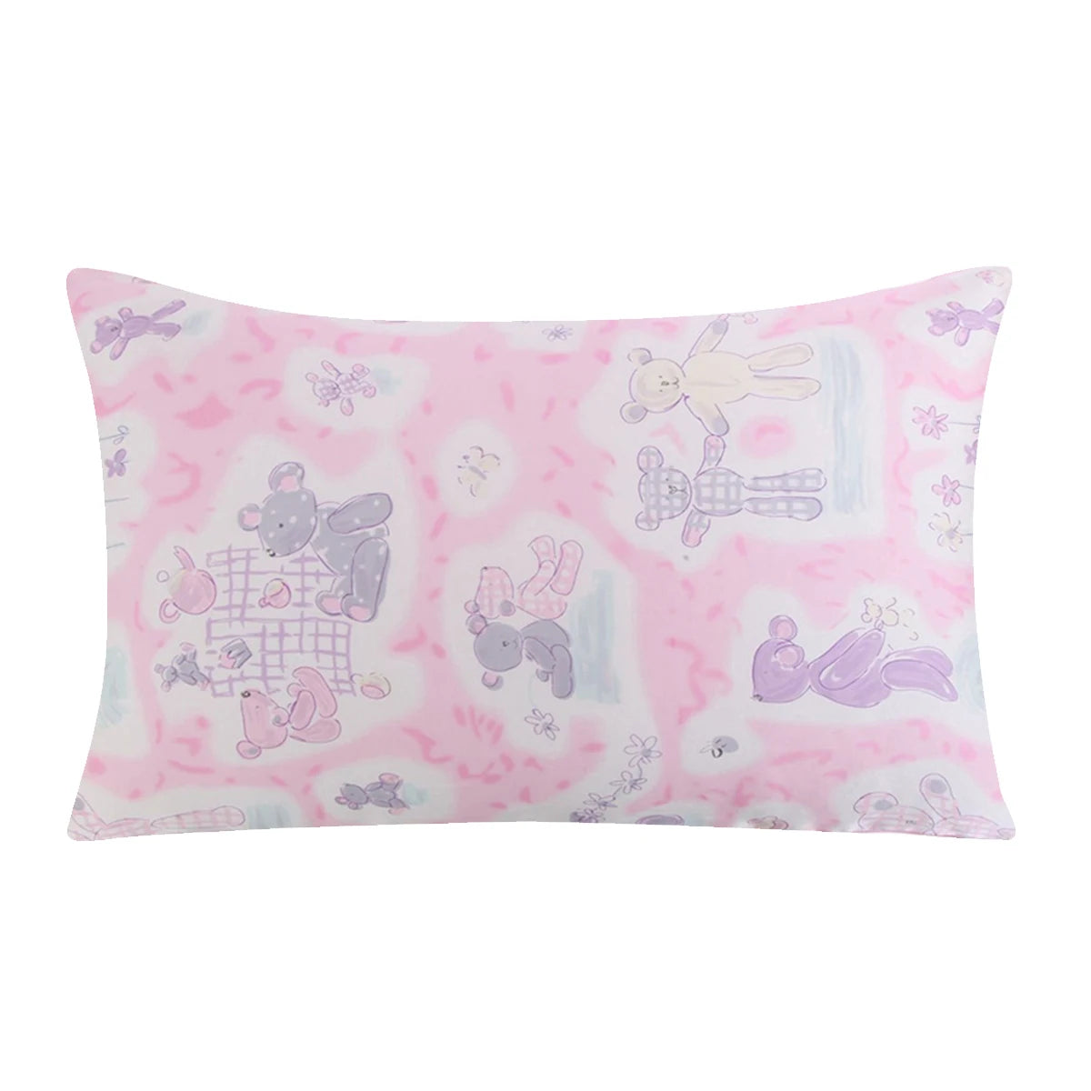 A pink pillowcase with a floral print featuring cute, light purple and white animal figures.