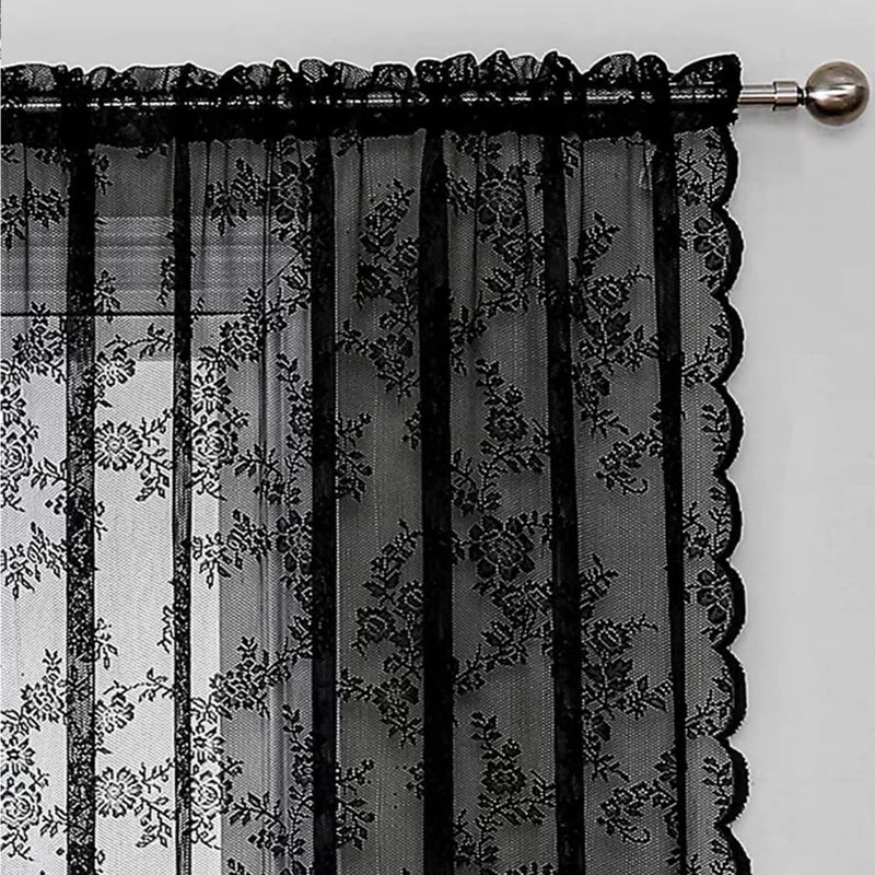Black sheer floral lace window curtains with vertical black stripes and scalloped edges.
