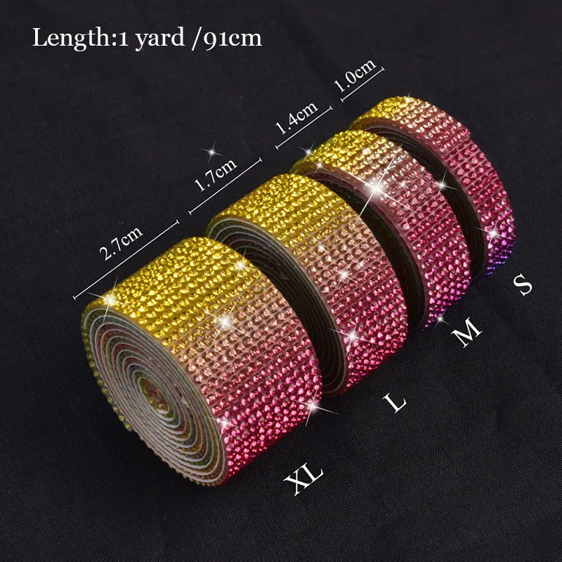 Rolls of pink and gold diamond rhinestone strips for DIY decor, showing various lengths.