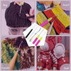 A collection of five plastic latch hook tools used for crochet and crafting, including a wig, scarf, carpet, and doll.