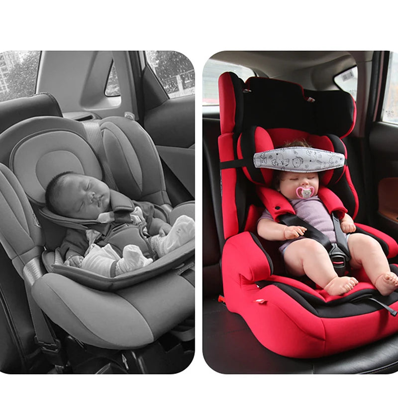 A red adjustable baby car seat with a head support pillow installed in a car seat.