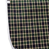 A plaid waterproof mealtime bib in dark green and beige tones with white stitching and a snap closure.