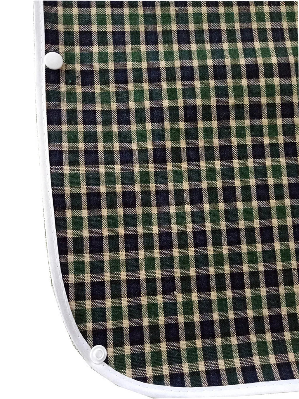 A plaid waterproof mealtime bib in dark green and beige tones with white stitching and a snap closure.