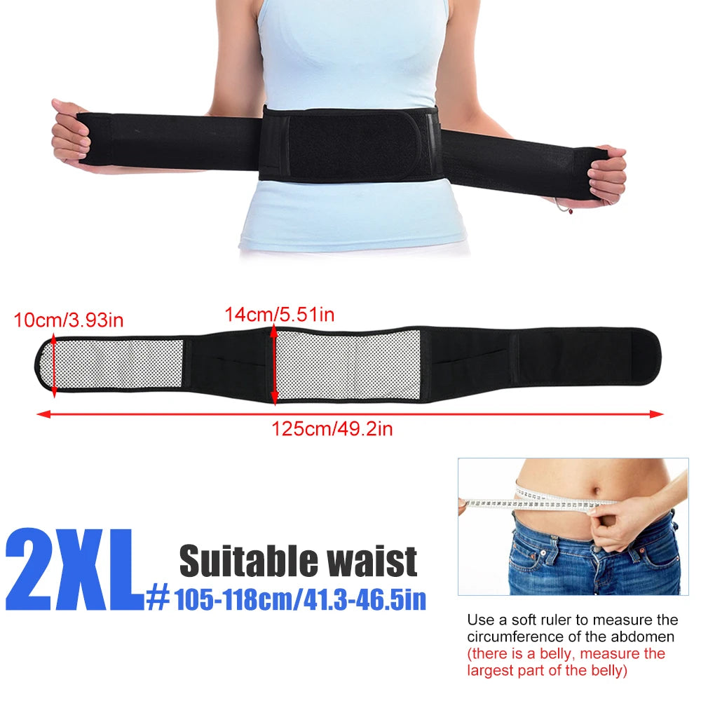 Black magnetic therapy waist belt shown being worn by a person, with size measurements provided.
