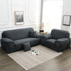 A modern gray faux silk sofa cover displayed on a light wood coffee table in a bright living room setting.