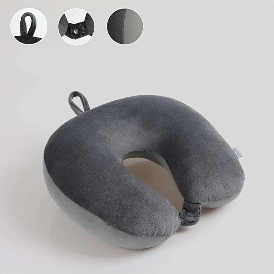 A gray bamboo fiber U-shaped travel neck pillow shown with three views.