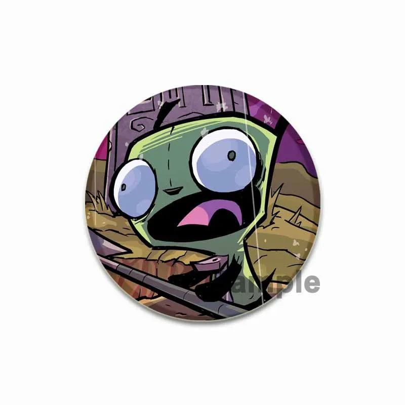 An enamel pin featuring a stylized green alien character with purple skin and large eyes.