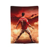 A football player wearing a red jersey with the name RONALDO is shown from the back against a dramatic sunset background.