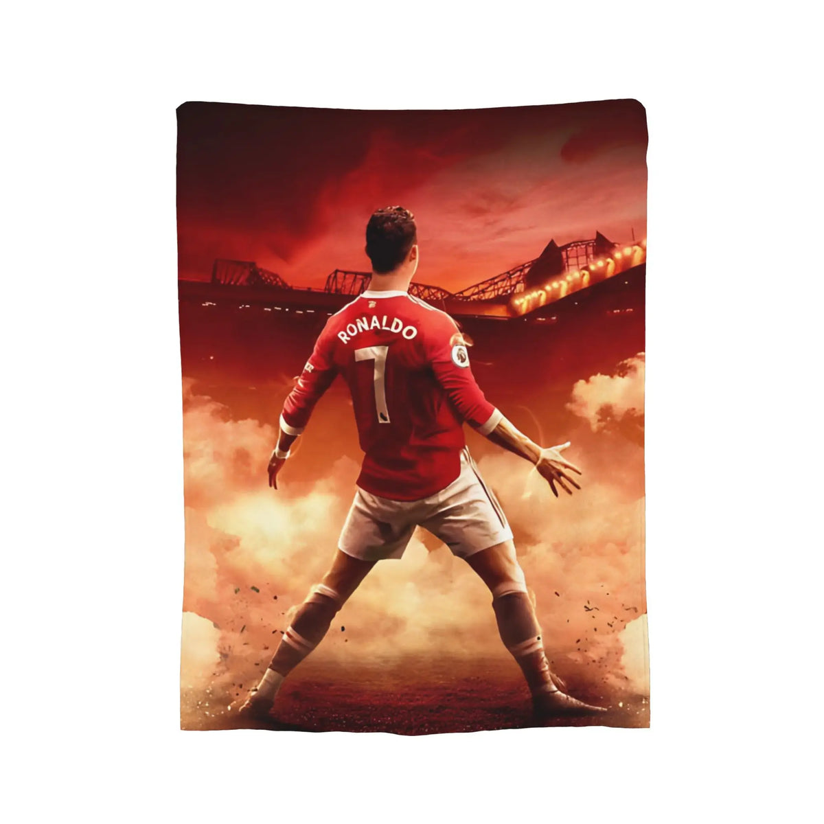 A football player wearing a red jersey with the name RONALDO is shown from the back against a dramatic sunset background.
