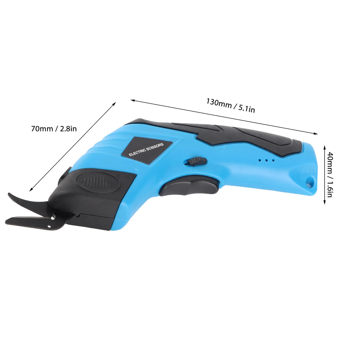 A blue cordless electric scissors tool with black accents shown from the side.