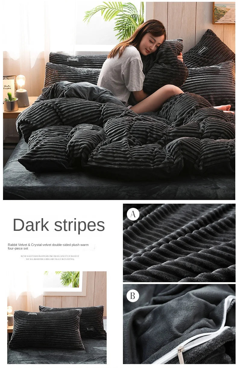A dark gray corduroy duvet cover set featuring textured stripes and a zippered detail.
