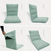 A light sage green folding tatami seat cover for floor beds shown from front, side, and back views.