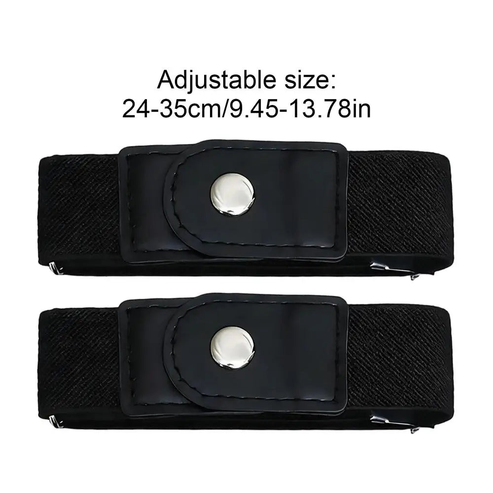 Black adjustable elastic belt with silver buckle shown in two views