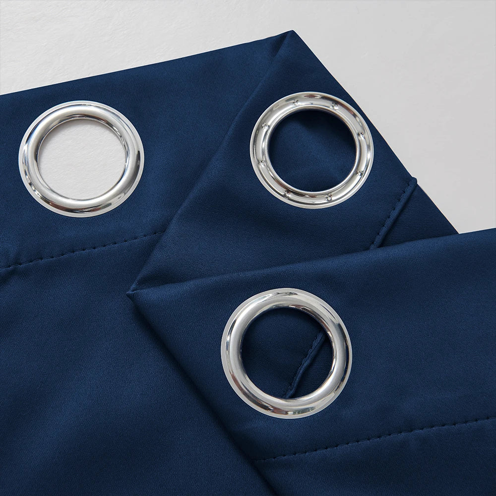 Navy blue blackout window curtain fabric with silver grommets