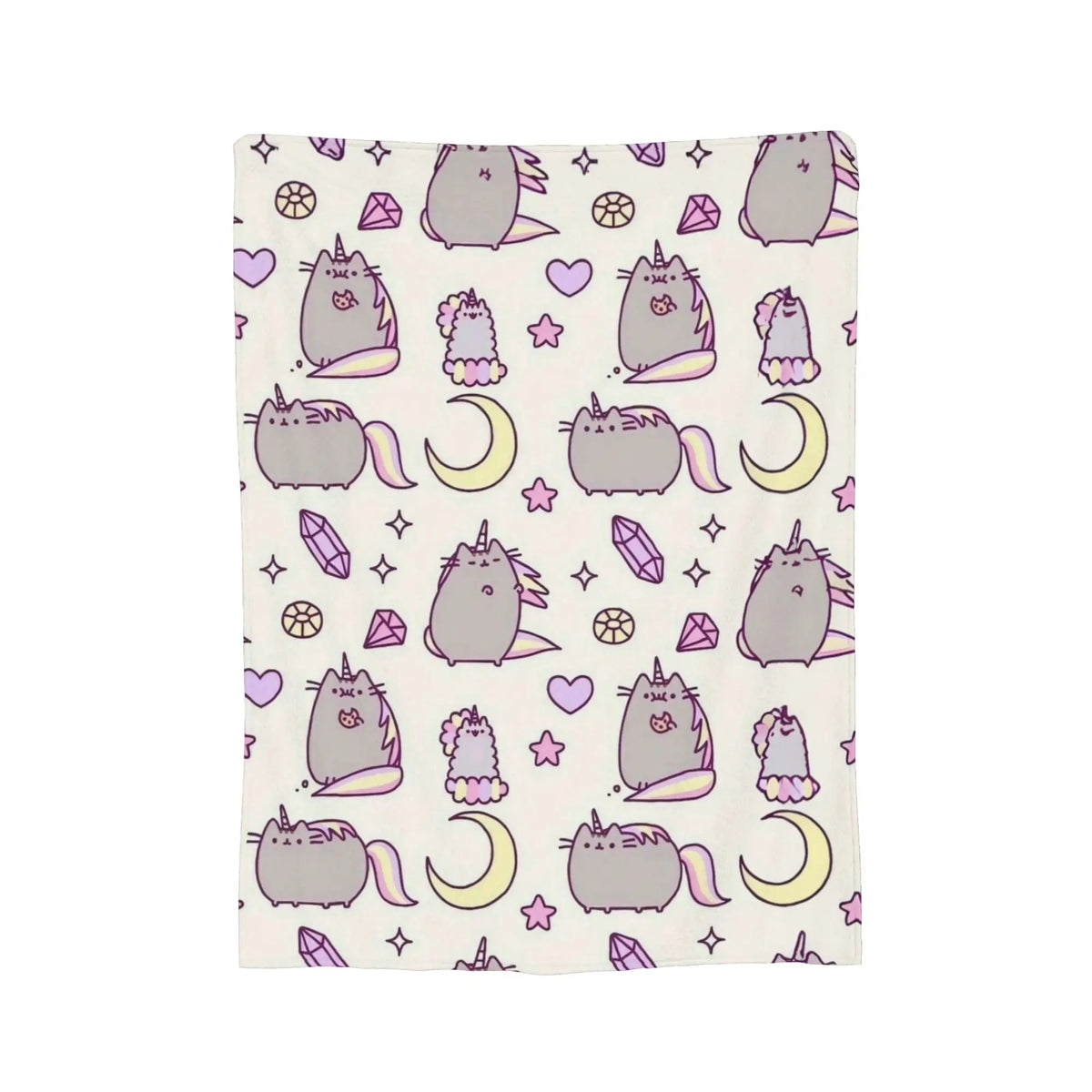 A patterned throw blanket featuring cute gray cat illustrations and crescent moons on a light background.