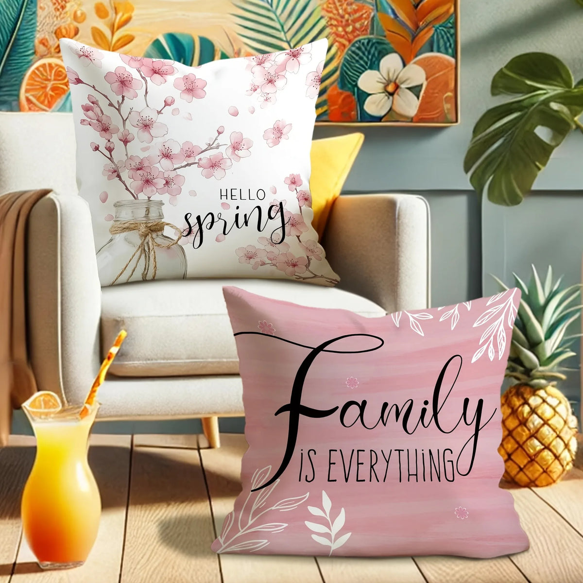 Pink decorative pillow cover featuring cherry blossoms and the text Family is everything