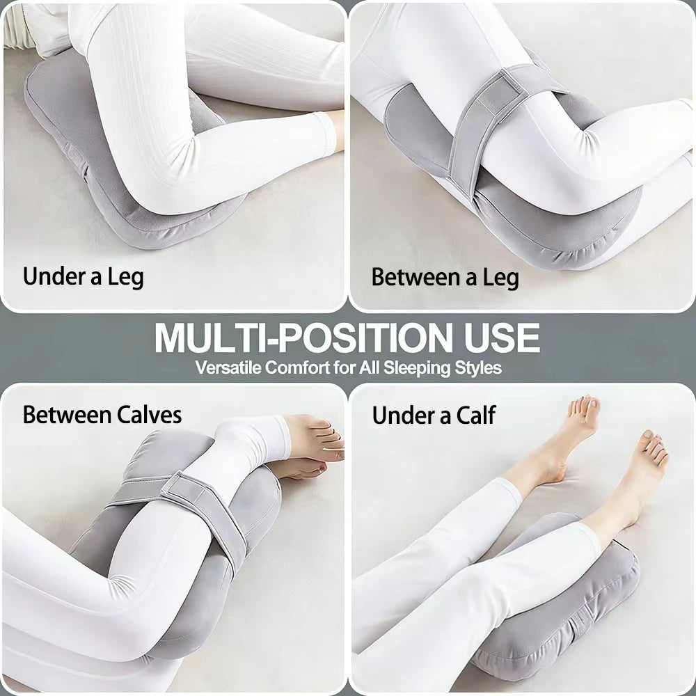 Ergonomic knee pillow shown in various positions under a leg, between legs, and under a calf for versatile use.