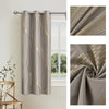 Elegant gray blackout curtains with a golden wave pattern hanging on a rod.