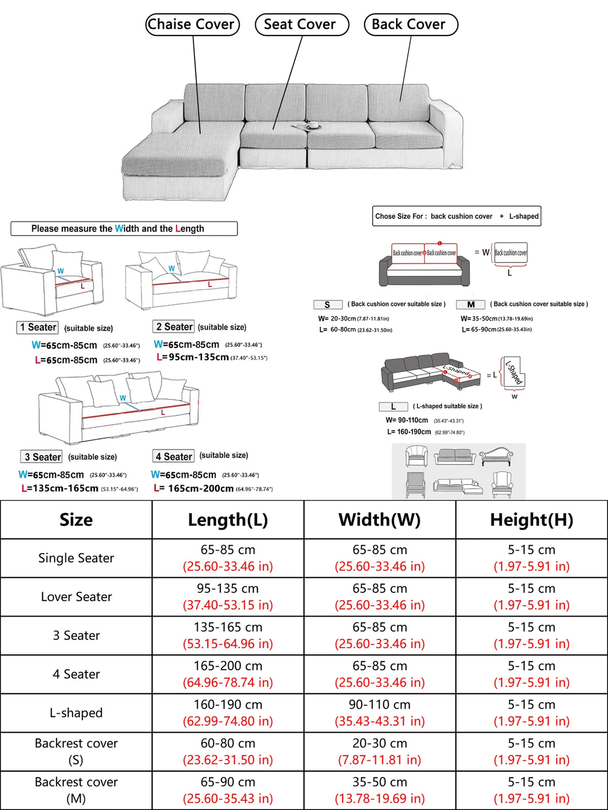 Diagram showing various sizes and dimensions for a Jacquard Stretch Sofa Cover including chaise, seat, and back covers.