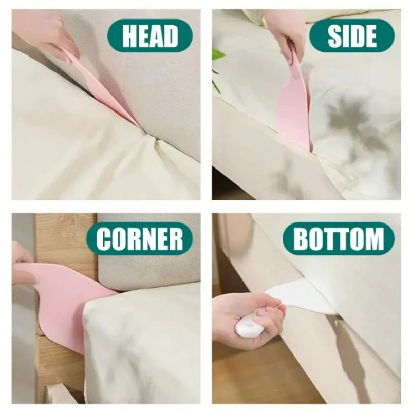 Four panels show how to fold a bed sheet using a tool, demonstrating head, side, corner, and bottom folds.