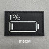 Black rectangular patch with white text 1% and a horizontal bar design on a gray background