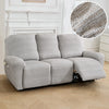 A light gray heavy-duty chenille recliner sofa slipcover shown on a wooden floor.