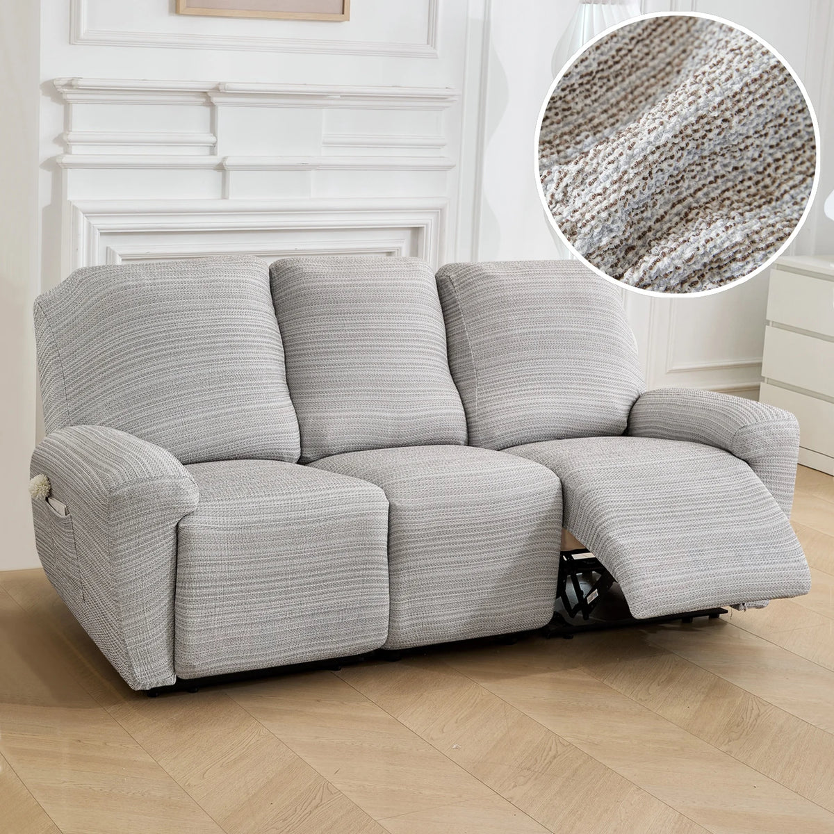 A light gray heavy-duty chenille recliner sofa slipcover shown on a wooden floor.