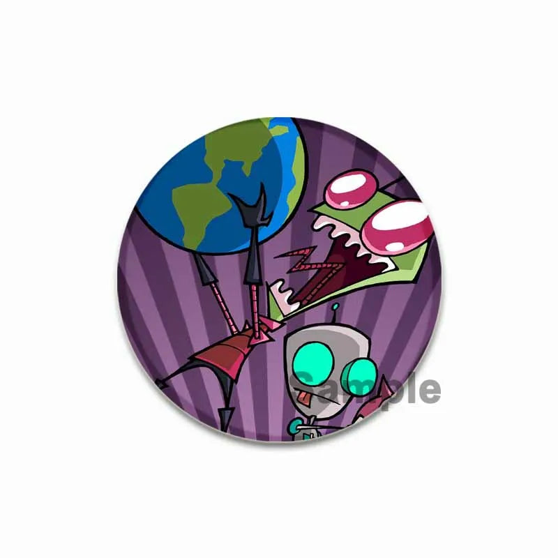 An enamel pin featuring a stylized alien character with green skin and large eyes against a purple background.