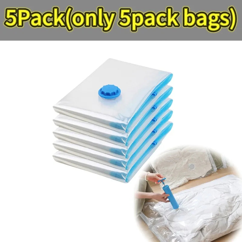 A stack of five clear vacuum compression storage bags with blue seals is shown on a white background.