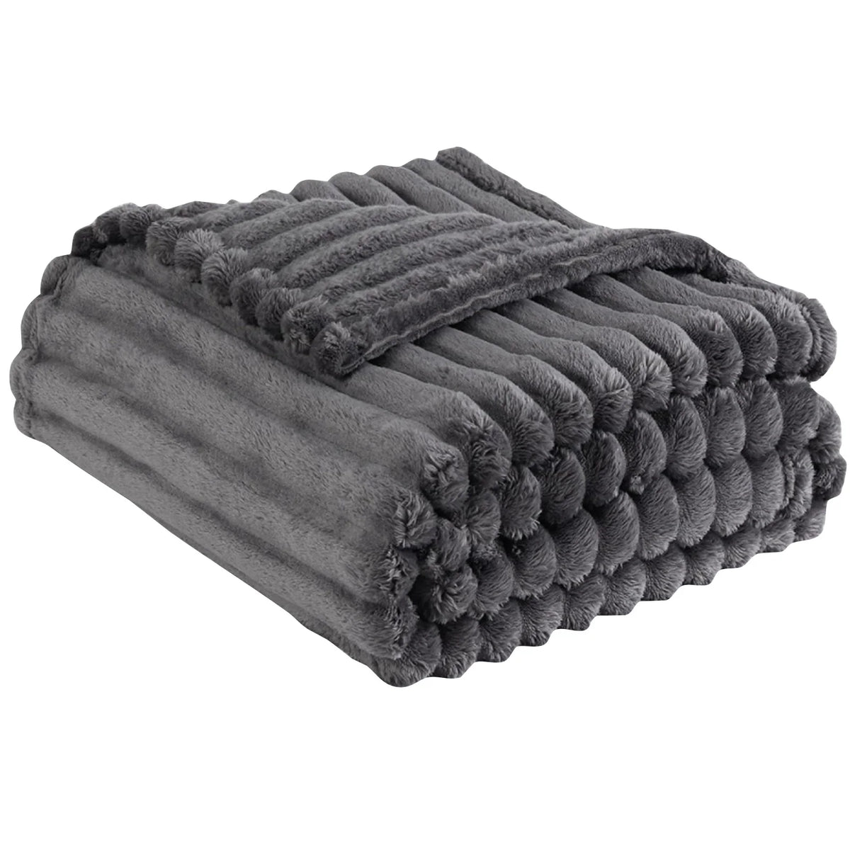 A dark gray striped flannel throw blanket folded and bundled for cozy comfort