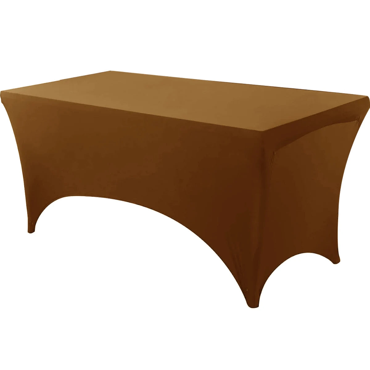 A rectangular brown stretch tablecloth used for dining or event decor.