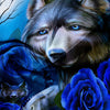 A close-up portrait of a wolf with blue eyes surrounded by dark blue and purple roses.